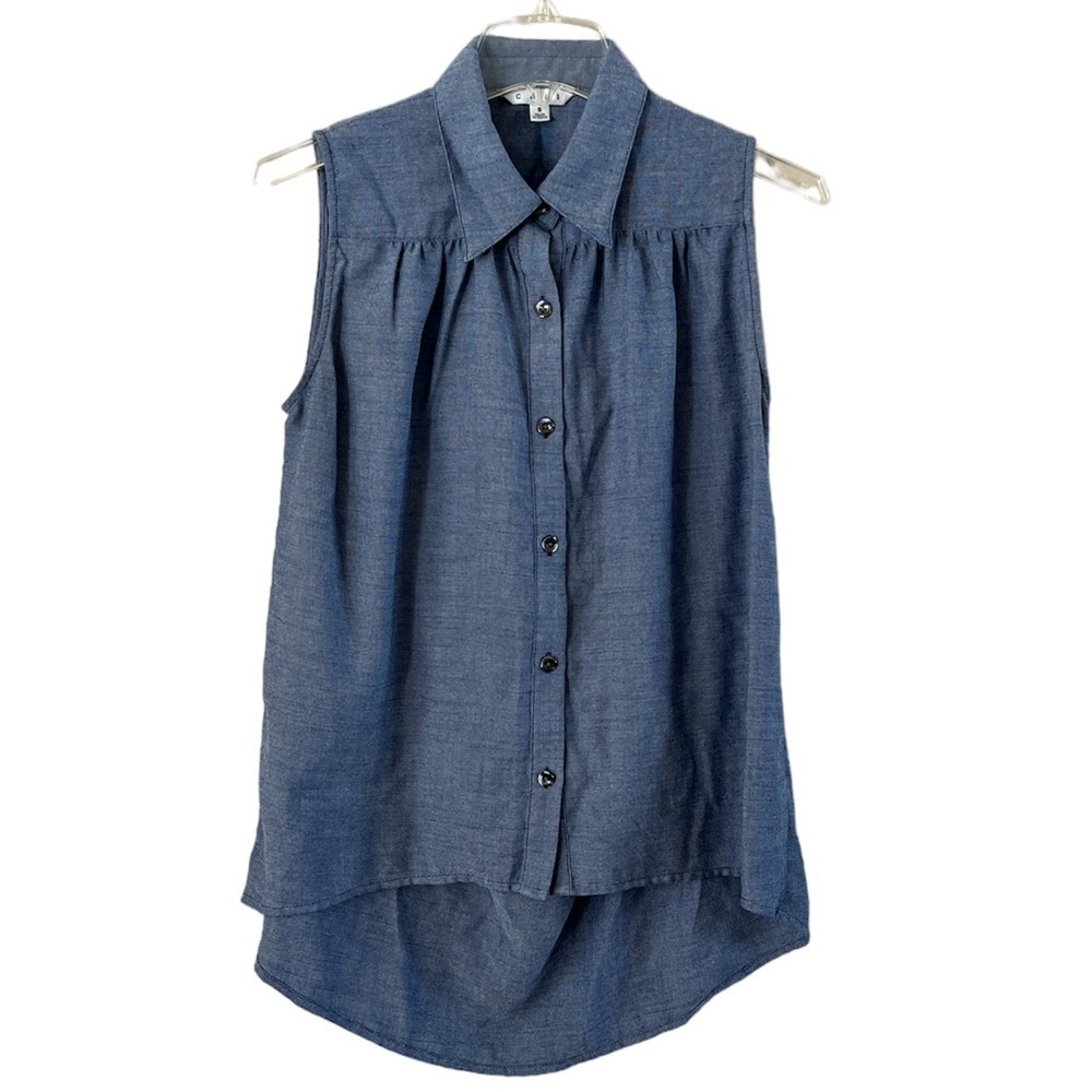 CAbi Button Down Chambray Sleeveless Shirt Size S Style 387 Cut out Back Hi-Lo